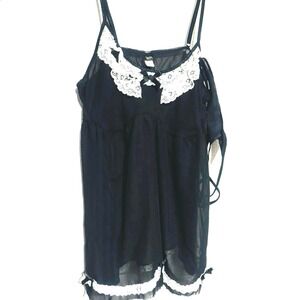 Sexy Black Maid Lingerie Babydoll Chemise Set w Panties SZ Large Sheer Lace NEW